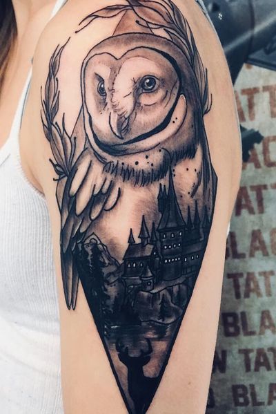 Harry Potter theme ☺️⚡️🦉🖤 #owl #harrypotter #arm #hogwarts #stag #silhouette #blackandgrey 