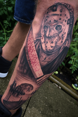 Jason Voorhees feat. a splash of color on a client who flew in from Texas in 2018. Made in one session 9-10 hours total on his outer lower leg.