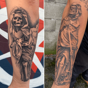 Two reaper statues on a sleeve, outer forearm and back of forearm. Both are made only using the 3 liner, 6-7 hours each. 