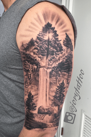 Nature landscape outer half sleeve. The waterfall was so much fun to create! One session about 10 hours made on a client from Washington DC.