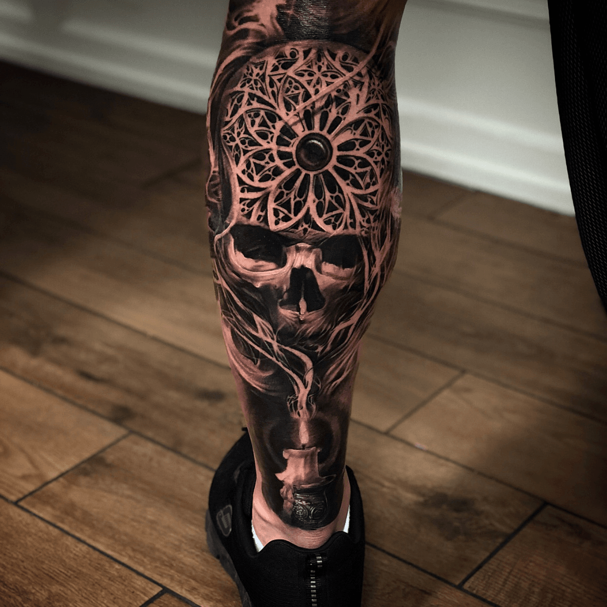 Tattoo uploaded by Kevin Rosenkjær  realistic skull leg skulltattoo  candle rosewindow churchwindow ornaments smoke cranium  Tattoodo
