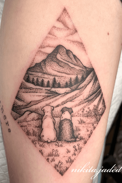 Dog tribute in a #dotwork #mountain #landscape on the inner arm