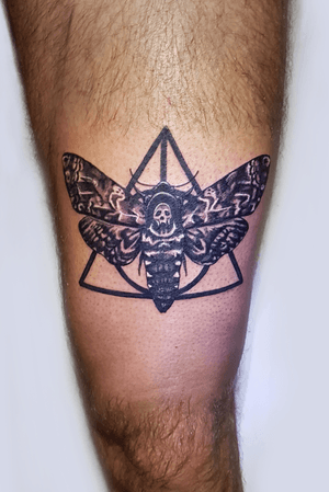 Death moth, black and grey, geometric tattoo