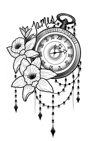Design for a client #timepiece #linework #lineworktattoo #floral #floraltattoo #linework #blackandgrey #daffodil #daffodiltattoo #wristwatch