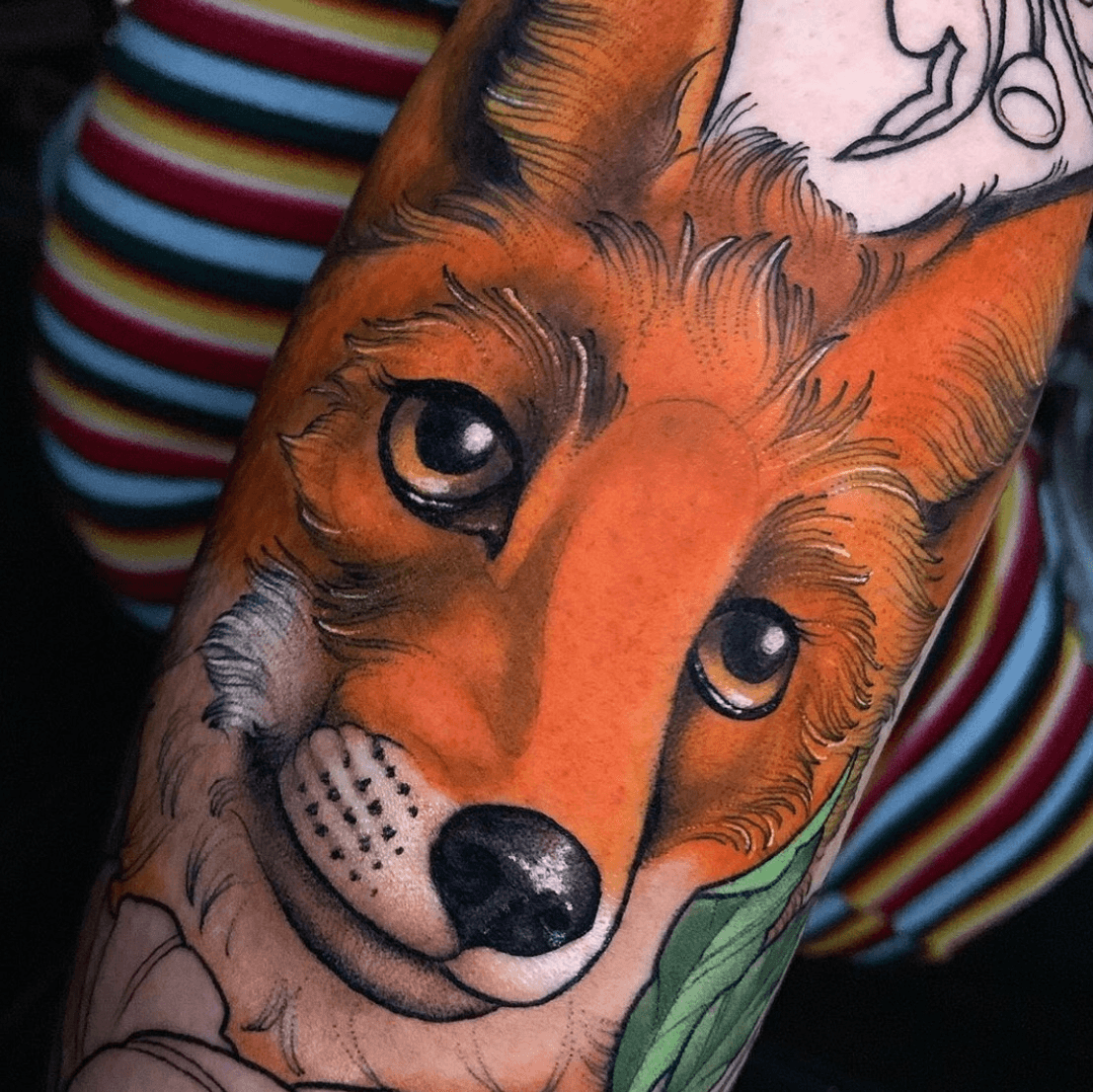 Neotraditional Fox forearm tattoo  Done by Kristen Rosin at Drunken Monkey  Tattoo in Saginaw Michigan   rtattoos