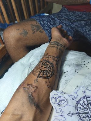 One Piece Strawhat logo and Grandline Map half sleeve tatoo