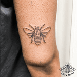 Single Line Bee Tattoo by Kirstie Trew • KTREW Tattoo • Birmingham, UK 🇬🇧 #beetattoo #singlelinetattoo #linework #fineline #birminghamuk