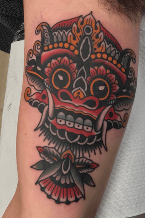 Barong mask on the inside of my upper right arm