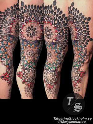 Mandala leg sleeve color dotwork tattoo #mandala #sacredgeometry #legsleeve #sleeve #color #dotwork #dotworktattoo #maryjane #maryjanetattoo #tatueringstockholm #geometric #geometry