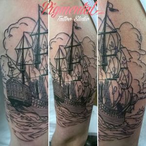 Sailing Ship Tattoo (Unfinished) #Ship #ShipTattoo #SailingShip #Sail #Sailboat #BoatTattoo #Linework #LineworkTattoo 
