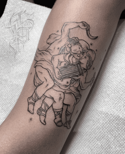 Ignorant style forearm tattoo featuring a knife, man, and stars, by Alejandro Gonzalez.