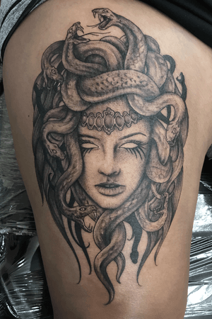 Be weary of snakes in the grass or your hair #medusa #tattoo #blackandgrey #tattoodo #bng #bishoprotary 