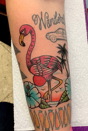 Drawn on gap filler traditional flamingo and hibiscus flowers on a nice lady visiting town.  Next to some cool tattoos from Texas 