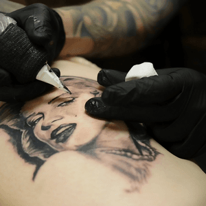 Progress shot of a #blackandgray #marilynmonroe #portrait by Justin. #inked #inkedgirls #girlswithink #tattoodo #tattoooftheday