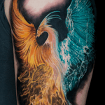 Get a stunning watercolor phoenix tattoo on your upper arm by artist Alex Santo. Stand out with this bold and colorful design!