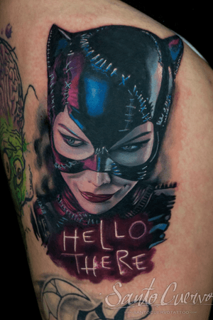 Get inked with this stunning Catwoman tattoo by Alex Santo, capturing the essence of the iconic character in detailed realism.