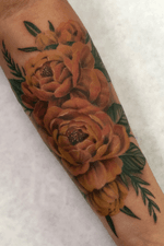 Peonies for a first time tattoo. #colorrealism #peonies #peonytattoo #sleeve #peaces