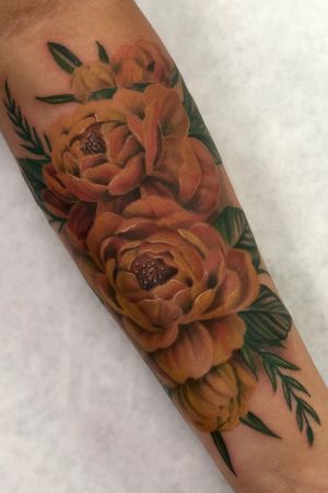 Peonies for a first time tattoo.  #colorrealism #peonies #peonytattoo #sleeve #peaces