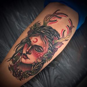 Beautiful woman with antlers by Stacy at High Fever Tattoo Oslo 