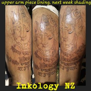 outline done on the upper arm shiva with tribal and holy words. black fill.and shading to come this weekend#spiritual #spiritualtattoo #spiritualtattoos #spiritualink #inked #christchurch #armtattoo #writingtattoo #scripttattoos #sandscript