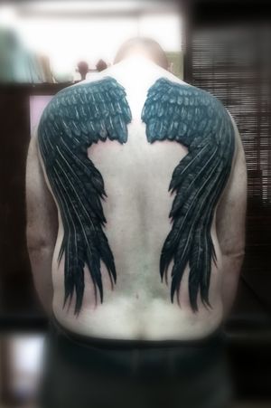 Raven Wings Back piece designed and by K... #tattoo #ink #tatttoos #worldfamousink #eikondevice #greenmonster #tattooaddictsouthafrica #gunwax #thelightningstation #tam #tattoodo #inkbe #ravenwings #backtattoo #blackandgreytattoo