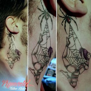 Spiderweb Bondage Girl Neck Tattoo #Spider #SpiderTattoo #Spiderweb #SpiderwebTattoo #Bondage #BondageTattoo #NeckTattoo #Quirky #QuirkyTattoo 