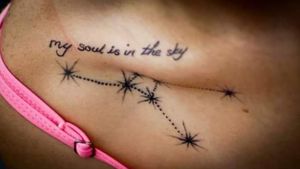 Collar bone tattoo - cancer constellation and Shakespeare quote 
