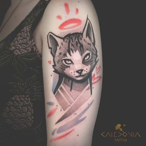 "Little angel" A big thanks to Océane for traveling all the way from Belgium to get this custom tattoo project! For any tattoo enquiry, please contact me directly on my new website:www.caledoniatattoo.com#cat #cattattoo #graphictattoos #graphic  #illustration  #illustrationtattoo 