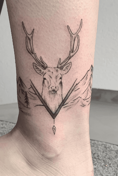 Deer tattoo with some mountains. #mountains #deer #animals
