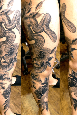 snake&flower on leg. oriental style. Blackwork