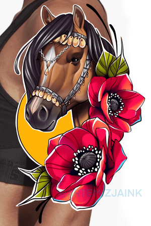 Horse & poppies. Available