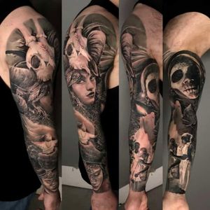 Black and grey realistic full sleeve tattoo representing black magic and voodoo, London, UK | #bestrealistictattoos #voodootattoos #bestblackandgreytattoos #portraittattoos #fullsleevetattoos