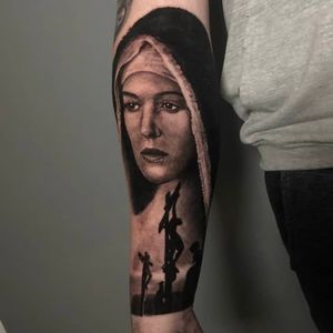 Black and grey realistic sleeve tattoo of Maria Magdalena portrait, London, UK | #blackandgrey #realistic #tattoos #portraittattoos