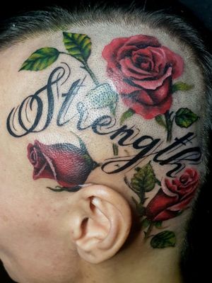 Head tattoo i did today #headtats #headtattoo #strength #roses #rosestattoo #colortattoo 