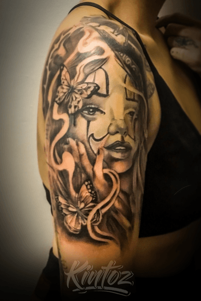 Clown girl face black and gray butterfly tattoo by kintoz #atlanta #atl #tattoo #tattoos #blackandgreytattoo #blackandgreytattoos #ink #atlantatattoos #atlantatattoo #tattooed #tattoosforgirls #tattoolife #chicano #mexican #clown #tattooartist #tattooart #tattooapprentice #tattooshop #singleneedle #blackandgrey #ink #girl 