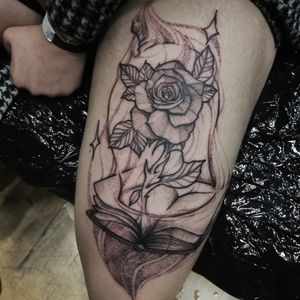 Custom beauty and the beast leg tattoo