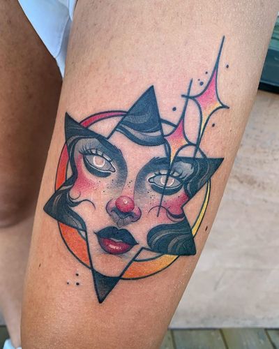 Surreal Neo-Traditional tattoo by Debora Cherrys #DeboraCherrys #neotraditional #surreal #color #ladyhead #lady #portrait #star #moon #sparkle