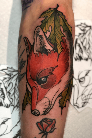 Awesome Fox I got to do on Colby!! Thanks for looking!    ✨For appointment info please Email/Message✨.    ⚡️Appointment Only⚡️.                      #neotrad # neotraditional #fox #foxtattoo #neotradfox #maple #mapleleafs #neotraditionaltattoo #color #colortattoo