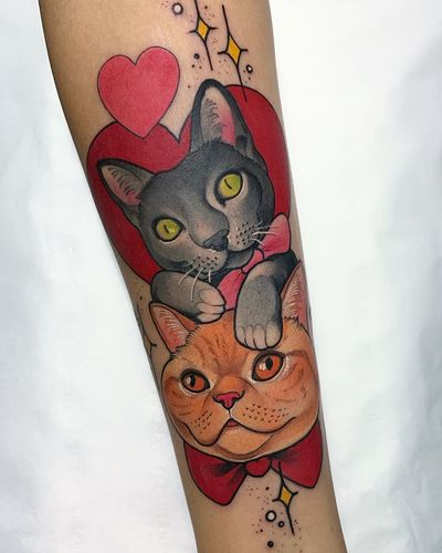 Surreal Neo-Traditional tattoo by Debora Cherrys #DeboraCherrys #neotraditional #surreal #color #cats #kitty #heart #petportrait 