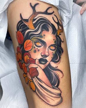 Surreal Neo-Traditional tattoo by Debora Cherrys #DeboraCherrys #neotraditional #surreal #color #ladyhead #lady #portrait #deer #leaves #nymph