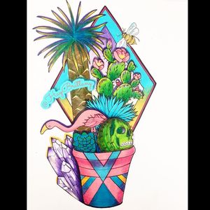 I'd love to tattoo this. Done with #prizmacolors #cactustattoo #cactus #flamingotattoo #flamingo #quartz #miami 