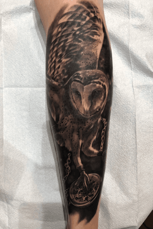Owl tattoo done in one long session. Thanks to my client for trusting me you sat like a champ! 🙏🏼🦉