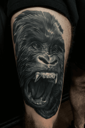 Gorilla cover up tattoo, using opaque greys. Can’t wait to add on! 