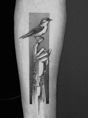 Instagram: Amanda_Piejak. #BlackandGrey #ink #Tattoo  #bird #cyborg #hand