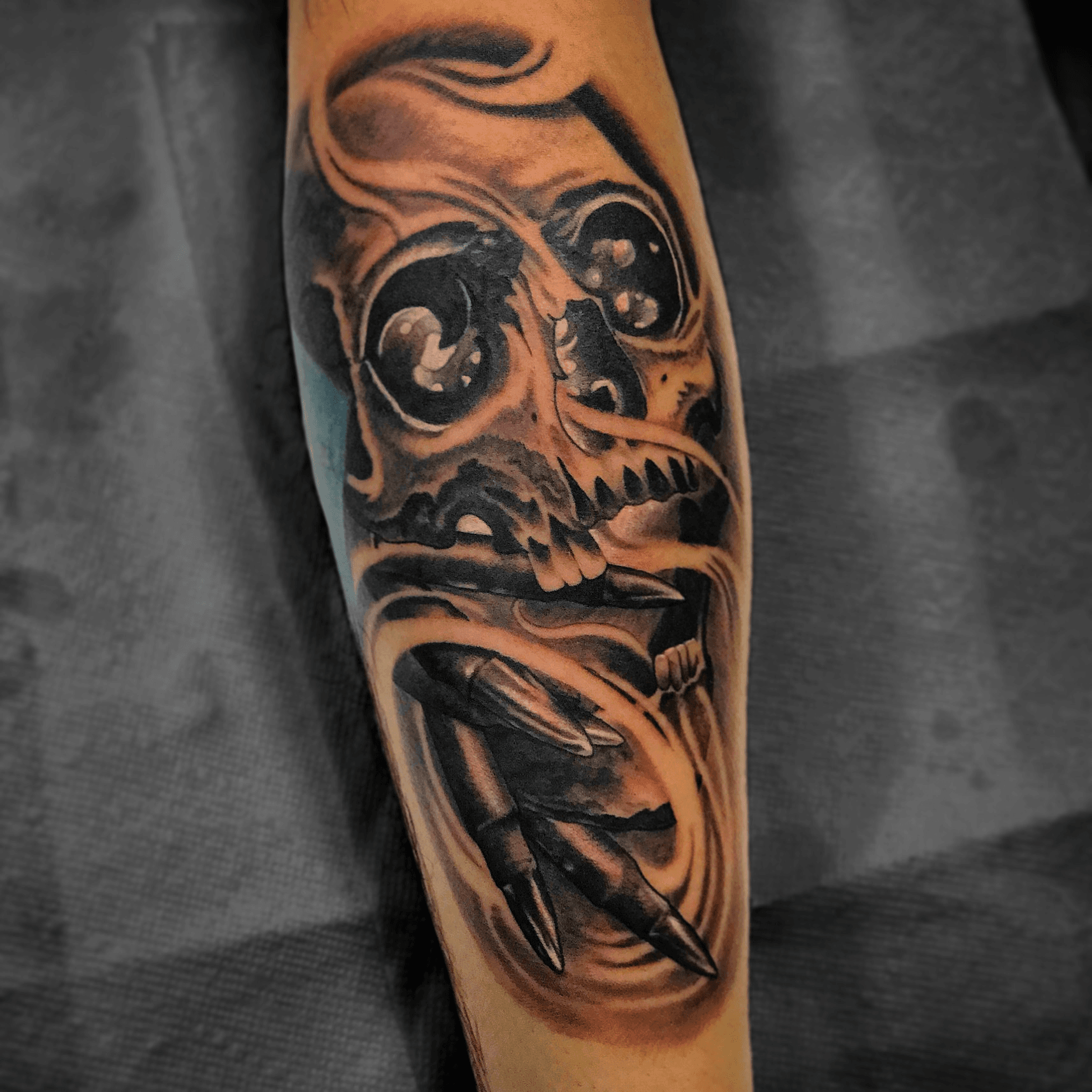 Skull And Bullets Military Tattoo On Upper Shoulder