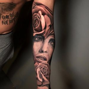 Sleeve in progress of woman portrait and roses, London, UK   #blackandgrey #realistic #tattoos #sleevetattoos #rosetattoo #portraittattoo