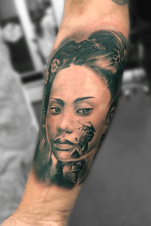 Geisha and Samurai, inner forearm 