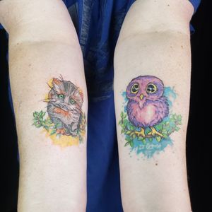 Cute kittie, and cute owl, little water colour in the background.