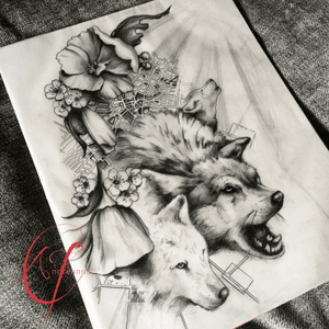 Wolf half sleeve design. I infused symbolism throughout the piece from the client’s life story. #blackandgrey #surreal