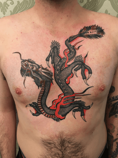 Dragon, chest tattoo, vintage tattoo, traditional tattoo, old school tattoo, antique dragon, Zurich, Lugano. CH 
